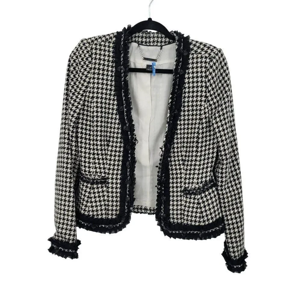 WHBM  Womens Wool Blend Houndstooth Blazer Sz‎ 2 Ruffle Chain Fringe Trim Black